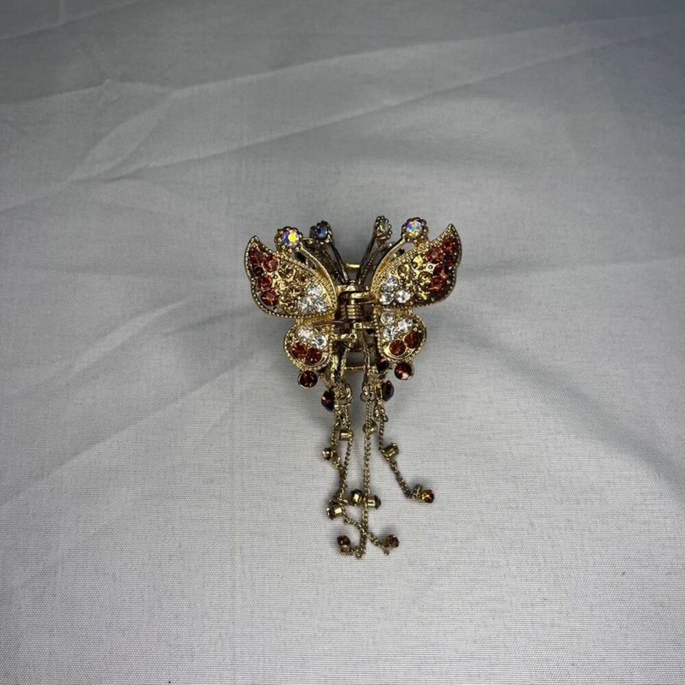 Gold Tone Brown Rhinestone Butterfly Hair Claw Clip with Dangle Chains